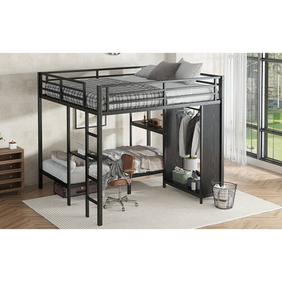 Structure de lit superposé avec garde-robe intégrée, lit superposé en métal avec bureau pliable