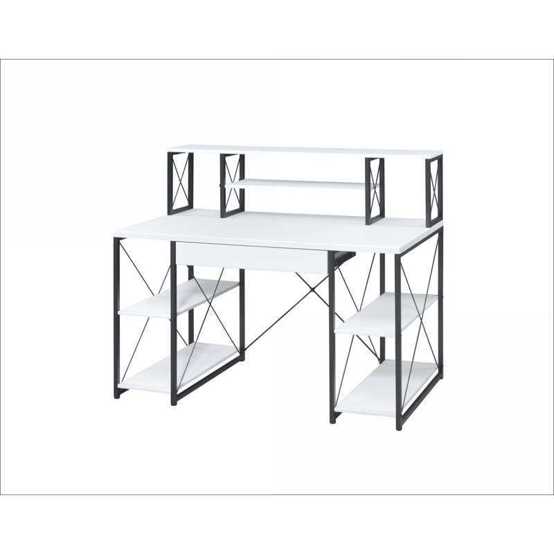 Bureaux, bureau blanc moderne avec rangement, plateau de 47 po, compatible avec un téléviseur de 43 po, base traîneau en métal | Blanc | Bois synthétique