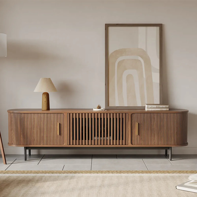 Mid-Century Modern TV Stand, Sliding Door, Fully Assembly, Brown, 21.25"H x 79"L x 15.75"W