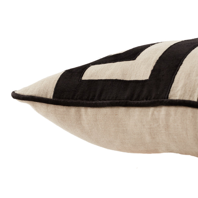 Black and Beige Embroidered Linen Throw Pillow