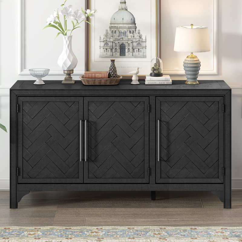 Buffet de rangement conçu avec panneau de fibres à densité moyenne + placage de pin, tablettes réglables et utilisation polyvalente pour diverses pièces