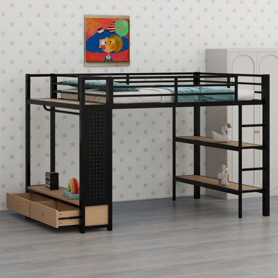 Structure de lit mezzanine avec garde-robe, lit mezzanine en métal avec tablettes de rangement et panneau perforé