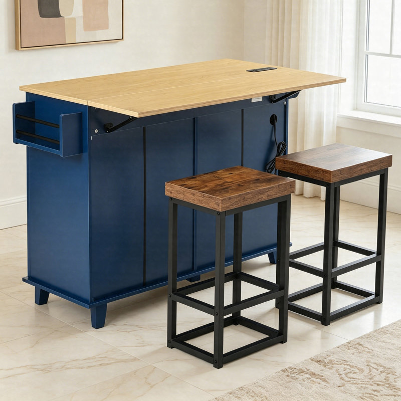 Farmhouse Kitchen Island With Drop Leaf & 2 Stools, Kitchen Table Set With Power Outlet, Storage Cabinet, Drawers, Spice Rack & Towel Bar