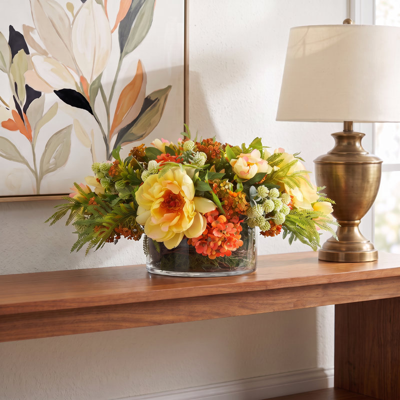 Hydrangea, Peony and Fern Fall Arrangement in a Glass Vase