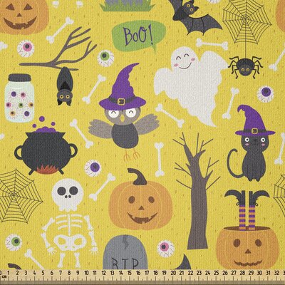 Ghost Fabric By The Yard, Colorful Pattern With Variety Of Halloween Elements In Cartoon Style Fun Halloween -  East Urban Home, 4B9AB15C907D447FADD44610CA18A016