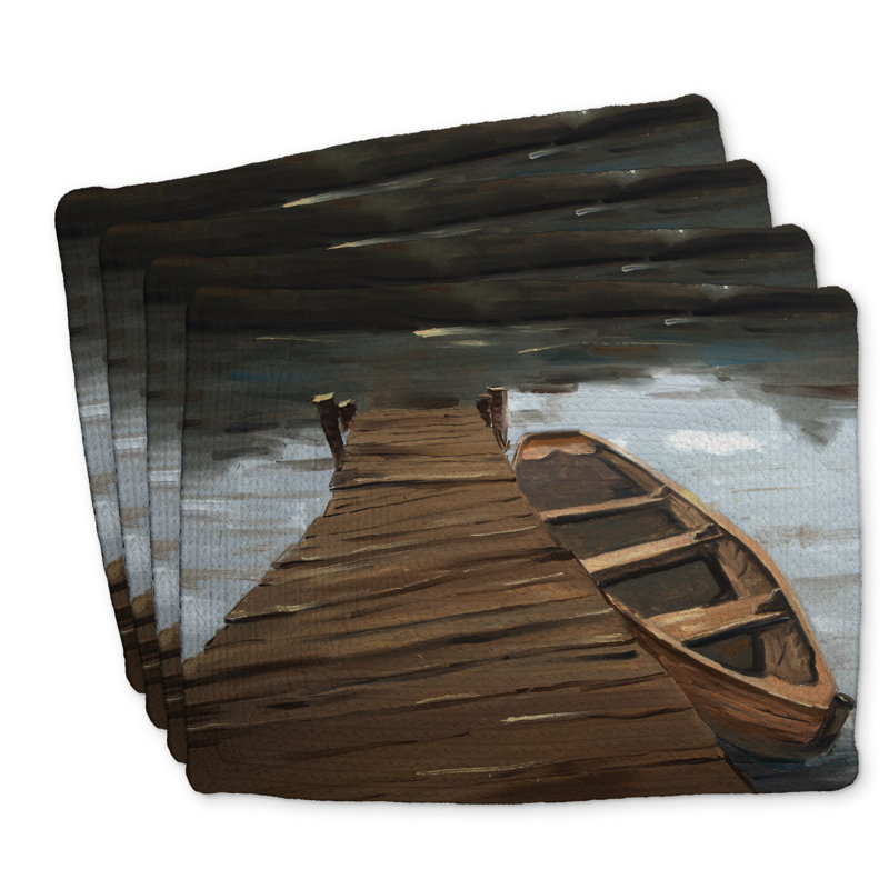 Braided Polyester Placemats Set of 4 - Lake, Dock, Boat Decor