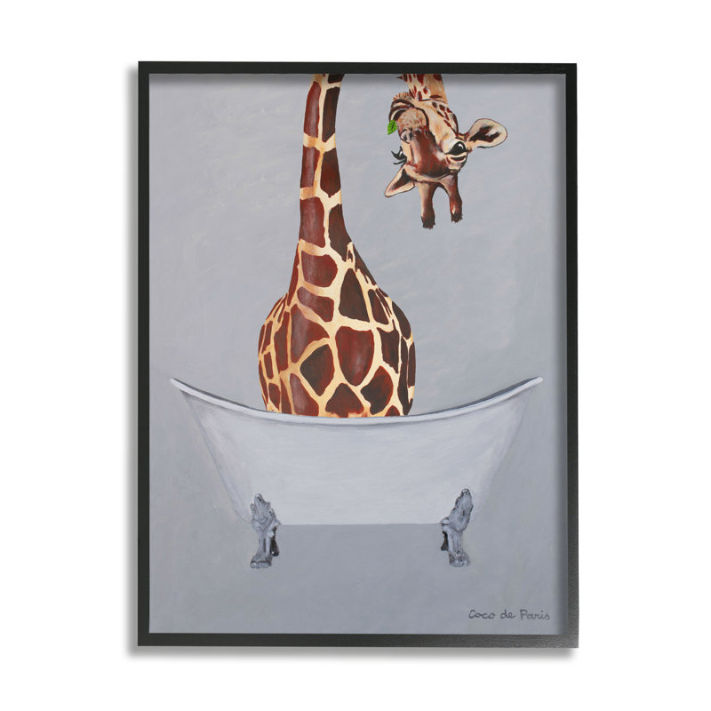Drôle de girafe avec baignoire et cou par Coco de Paris - Peinture, H 30 po x l 24 po x P 1,5 po, Giclée encadrée noir minuit