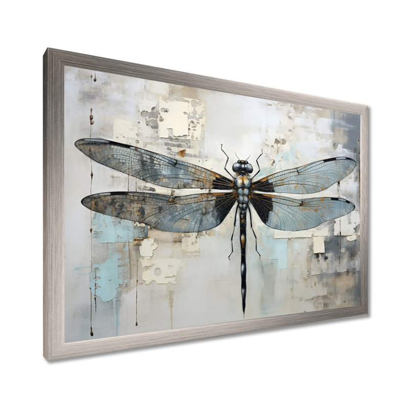 Dragonfly Delight IV - Libellule, art mural, H 30 po x l 40 po x P 1,5 po, Cadre simple argenté