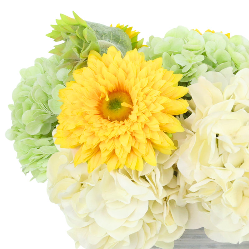 Hydrangea and Sunflower Arrangement in Ridged Vase