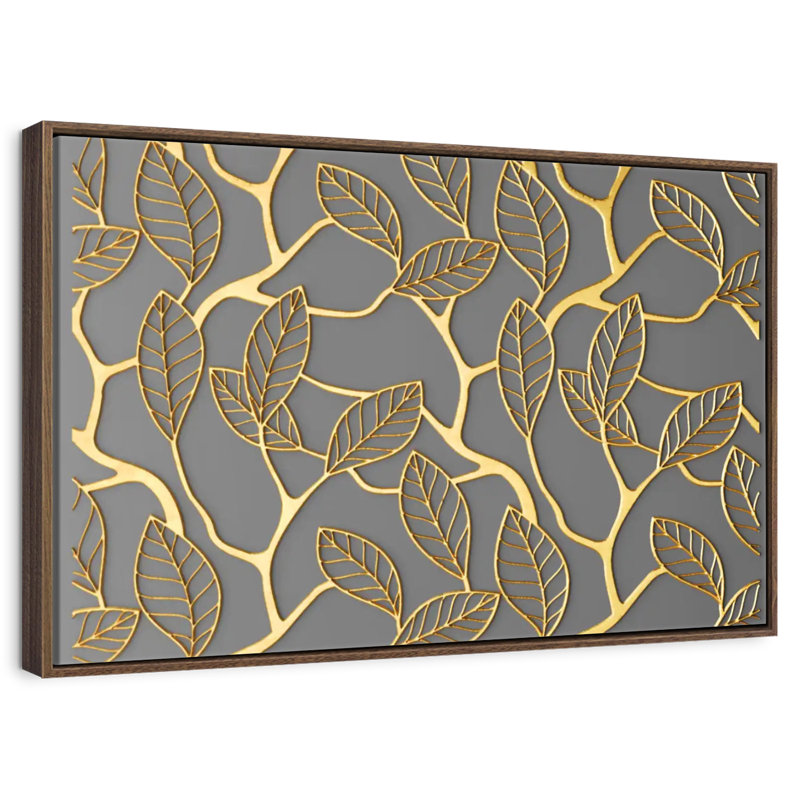 Treillis feuilles d'or, 13 po x 9 po, Cadre flottant noyer