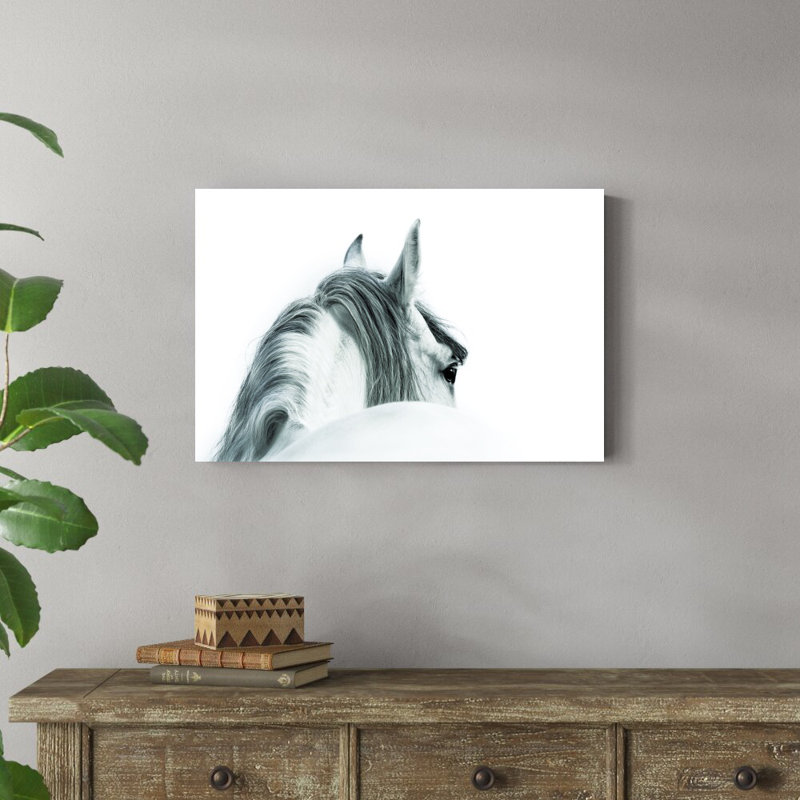 Cheval noir et blanc - Photographie sur toile tendue, H 20 po x l 30 po x P 1,25 po, Imprimé à cadre argenté, Non