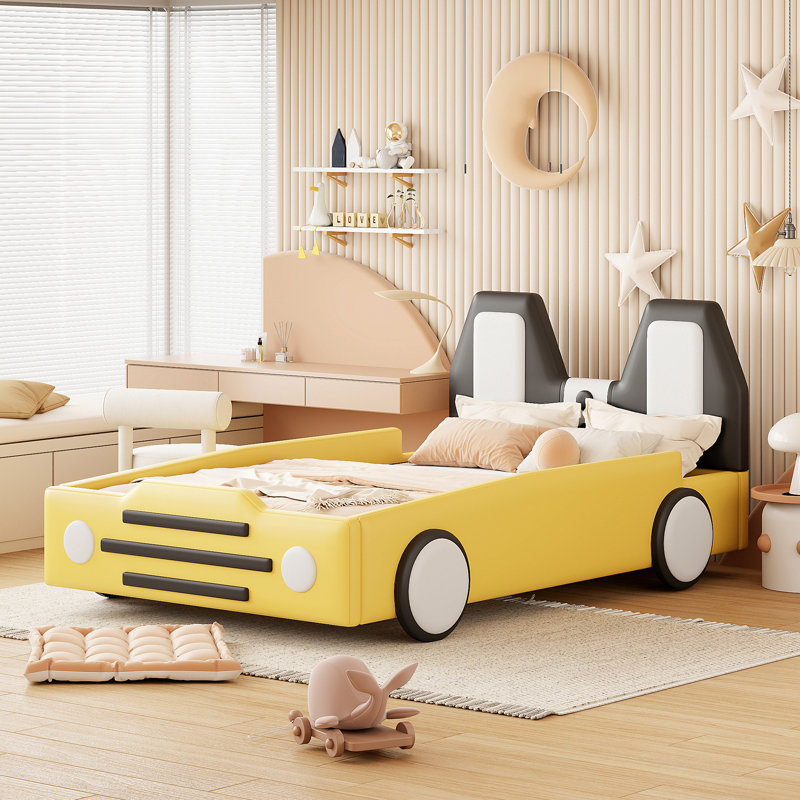 Twin Size Race Car-Shaped Platform Bed With Wheels, Yellow