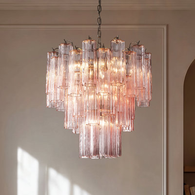 23'' Modern Pink Textured Glass Chandelier in Polished Nickel Elegant Glam Tiered Pendant Light for Dining Room or Wedding Venue