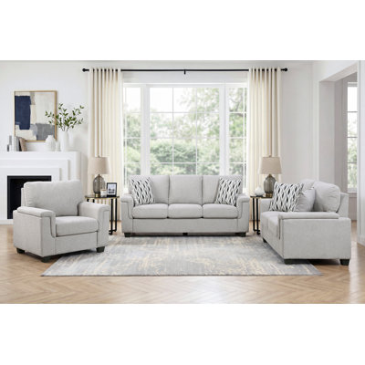 3pc Upholstered Sofa Set Gray Fabric Sofa Loveseat Chair Comfort Cushion Seat Pillows Living Room Furniture