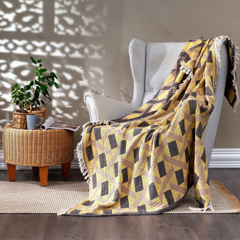 Batholo Jacquard Throw Blanket, Mustard Yellow