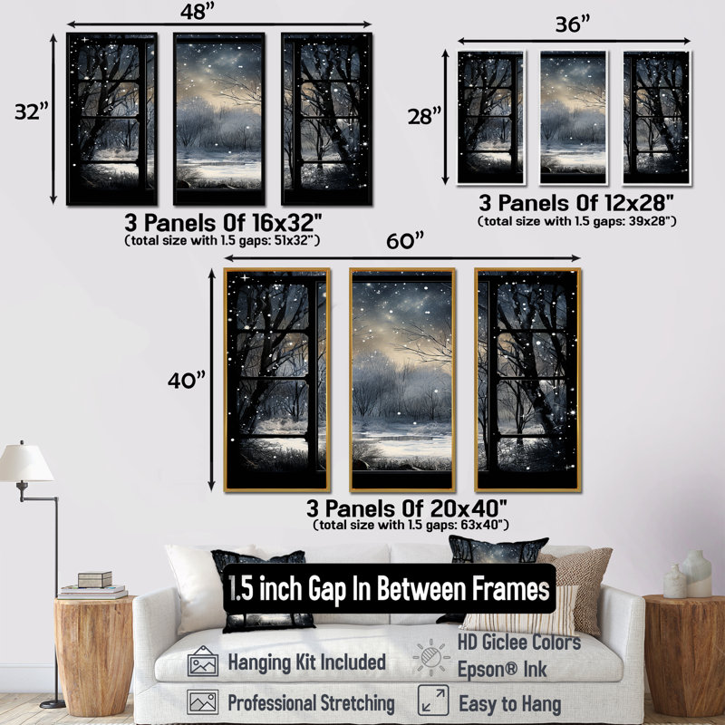 «Midnight Gothic Winter Window View I - Winter Landscape», art mural, H 32 po x l 48 po x P 1 po, Cadre flottant blanc