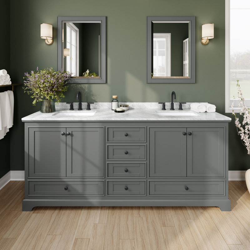 Deborah 79.75'' Double Bathroom Vanity with Marble Top, Dark Gray, Matte Black