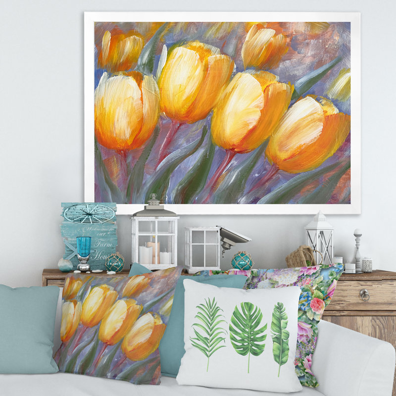 " Yellow Blooming Tulips " Painting Print, White Picture Frame, 30" H x 40" W x 1.5" D