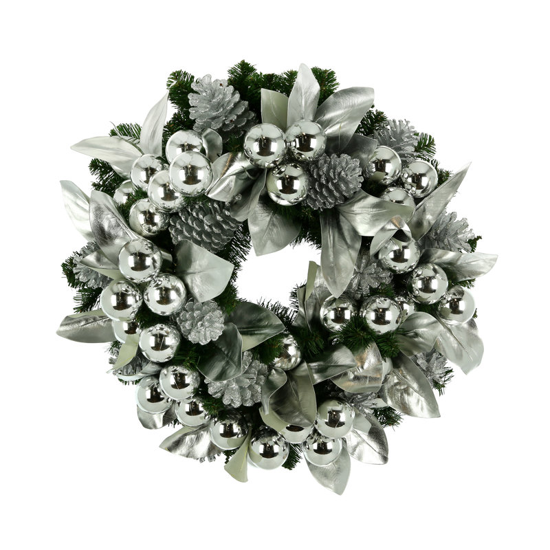 28' Shiny Leaves Holiday Wreath, 28'' H X 28'' W X 11'' D, Silver