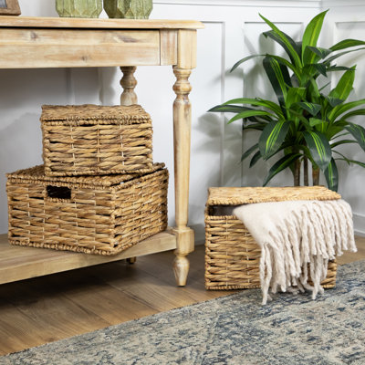 Set Of 3 Camel Beige Woven Water Hyacinth Lidded Square Storage Baskets 15.5"