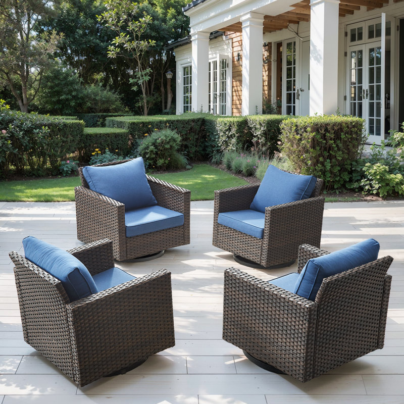 Ingvald Swivel Rocking Patio Wicker Chairs with Cushions (Set of 4), Brown, Blue
