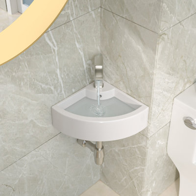18" L x 13" W Small White Ceramic Wall Mount Corner Bathroom Sink with Overflow