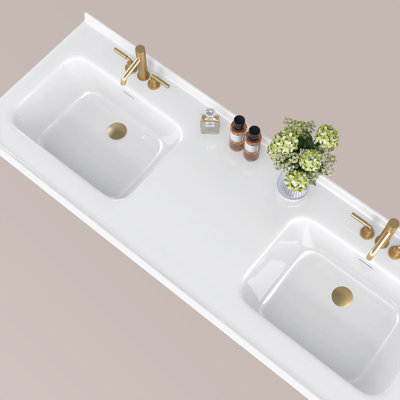 Comptoir de meuble-lavabo double 61 po, comptoir épais de 3 po, rebord surélevé et dosseret de 0,38 po, blanc éclatant, imperméable et facile à installer