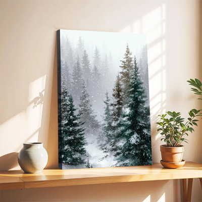 Misty Snowy Pine Forest Winter Snowfall Landscape Painting, Large Gallery Wrapped Canvas Wall Art Print For Living Room Bedroom