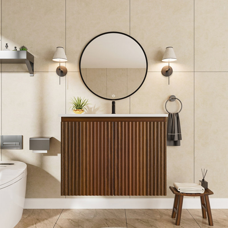 Armoire murale pliante avec évier en céramique, conception peu encombrante, style moderne, Noyer