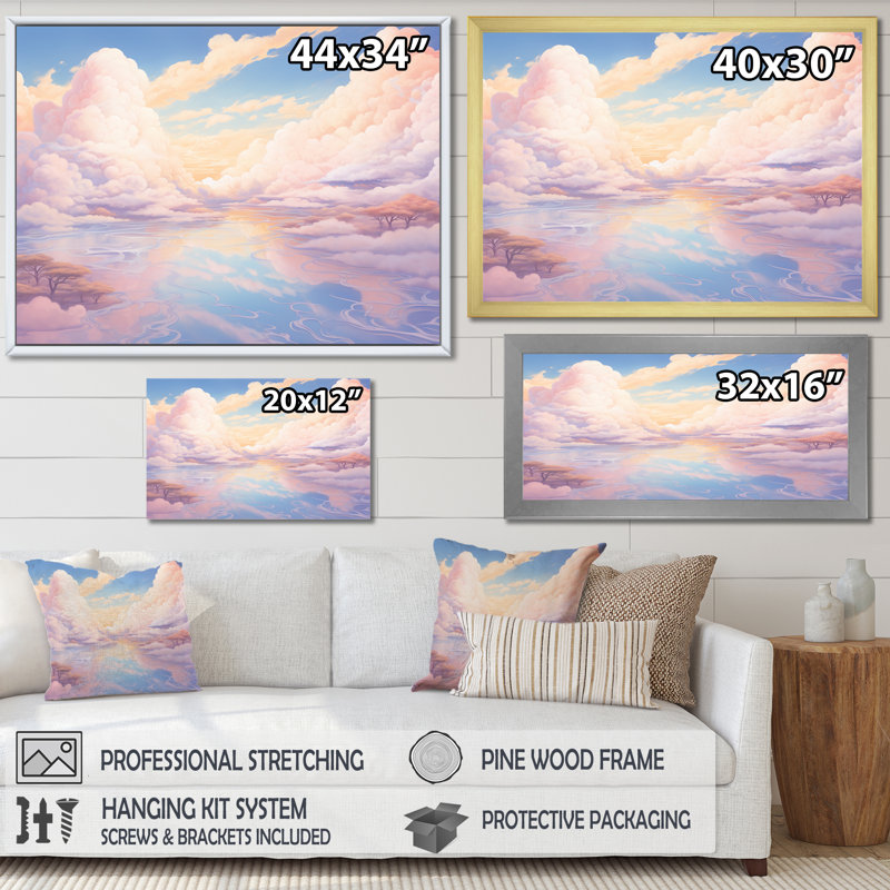 " Kawaii Clouds Landscape II ", Gold Floater Framed, 34" H x 44" W x 1.5" D
