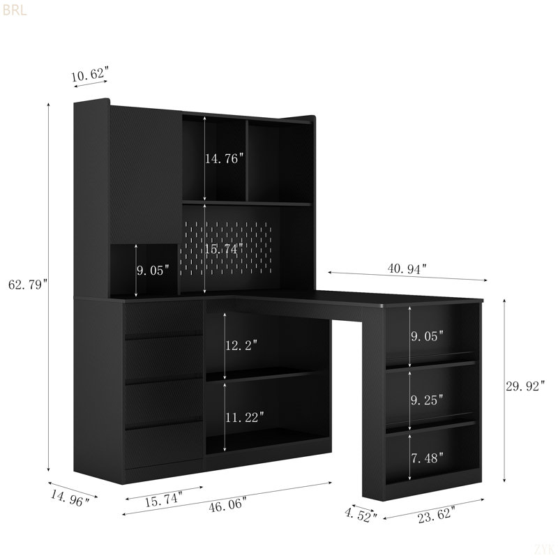 L-Shaped Computer Desk With Hutch And LED Light, Home Office Desk, Writing Desk, Corner Desk With Storage, Black