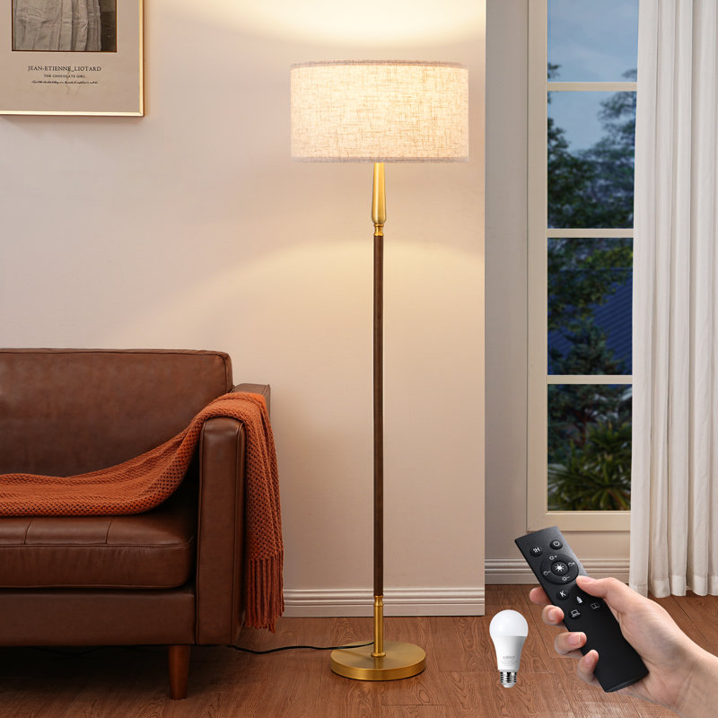 62" Solid Wood Standard/Traditional Dimmable Floor Lamp with LED Bulb and Remote Control, Gold