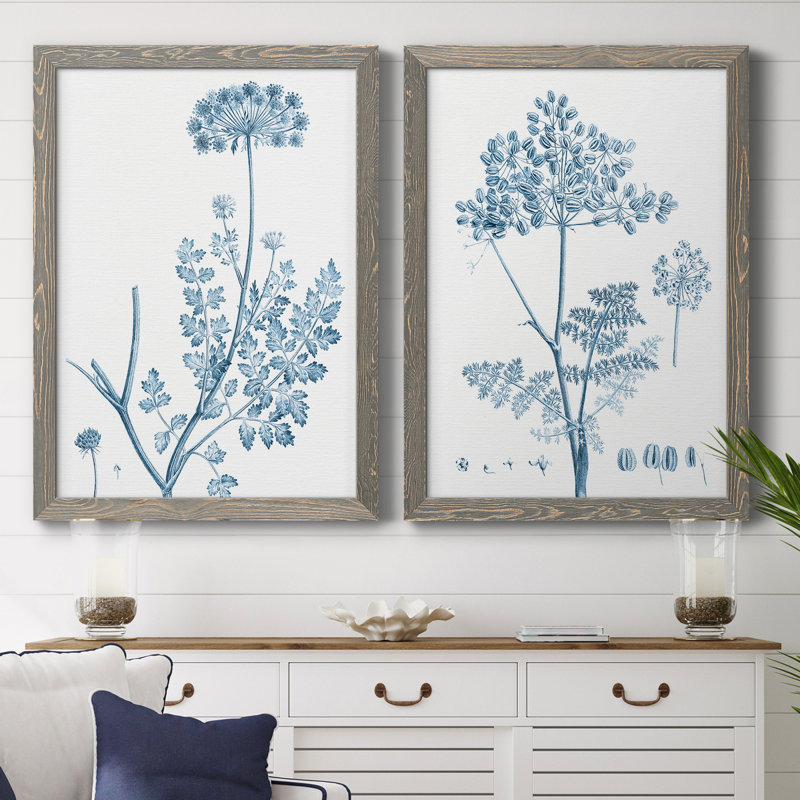 Antique Botanical In Blue V - ensemble de 2 peintures sur toile encadrées, Toile avec cadre gris