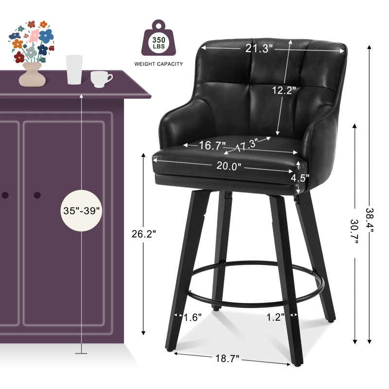 Tabouret de bar 26 po pivotant sur 360 ° à hauteur de comptoir 26 pi, chaises de îlot de cuisine avec pieds en bois, Noir, 1