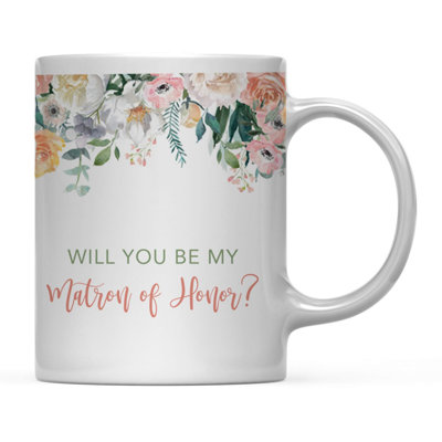 Wedding Coffee Mug Gift, Peach Flowers Florals Roses, Will You Be My Matron Of Honor?, 1-Pack, Birthday Christmas Thank You Gift For Her