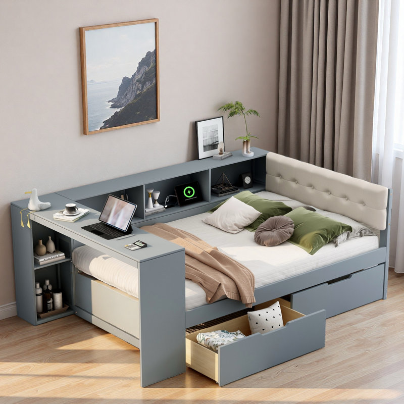 Lit plateforme avec tablettes de rangement, tiroirs, station de charge, bureau et tête de lit tapissier, Double, Gris