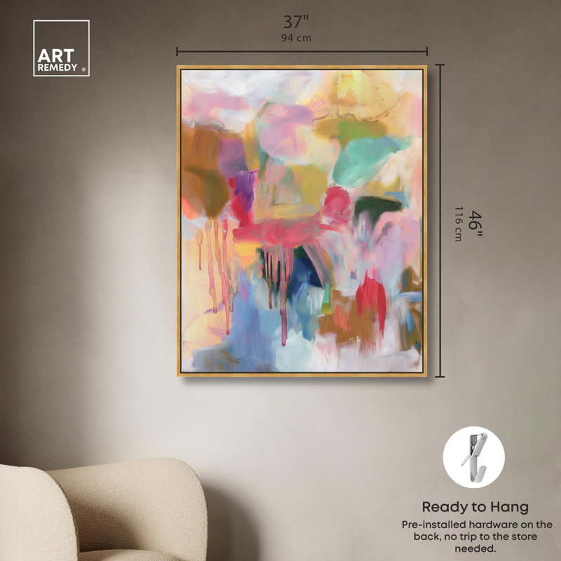 Art avec des couleurs vives, Art contemporain par Art Remedy, H 46 po x l 37 po, Cadre flottant doré
