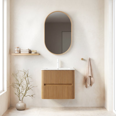 Meuble-lavabo mural à simple cuve en bois naturel l 24 po x P 18 po x H 34 po avec comptoir et lavabo en céramique blanche intégrée
