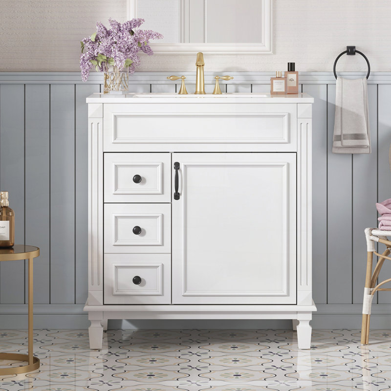 Meuble-lavabo de 30 po avec lavabo en céramique, petite armoire de salle de bain, armoire moderne avec 2 tiroirs et tablette réglable