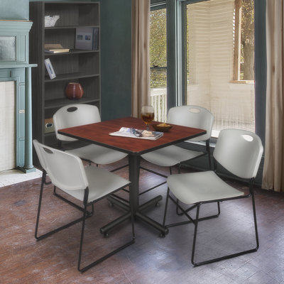 Nicklos Square X-Base Breakroom Table, 4 Zeng Stack Chairs