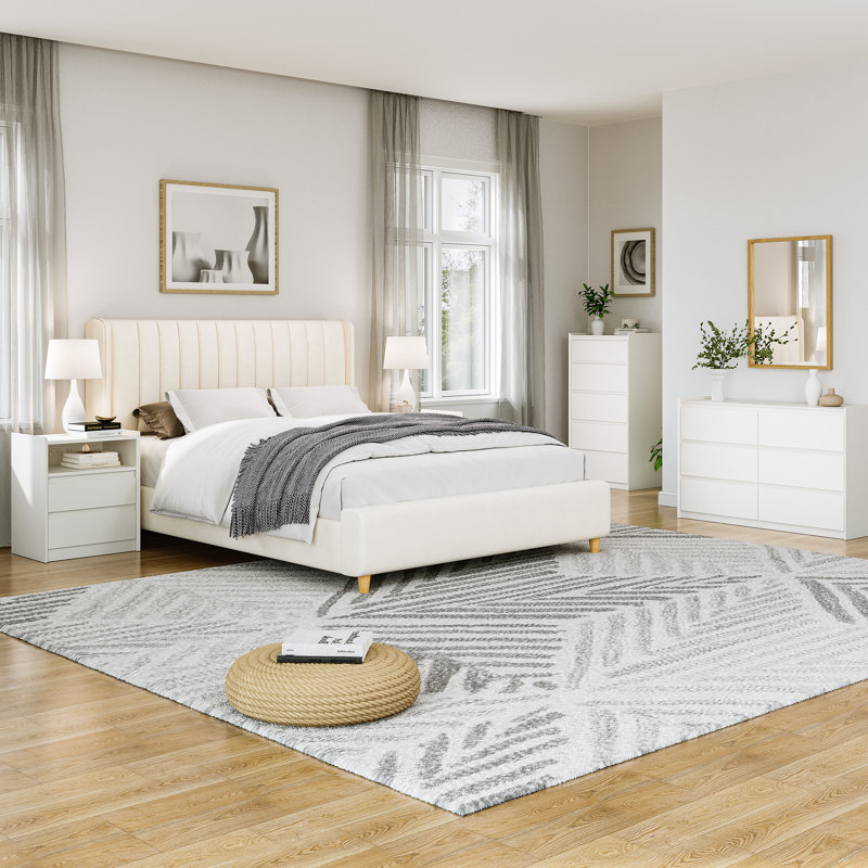 Commode moderne à 5 tiroirs avec poignées cachées, finition blanche, conception peu encombrante