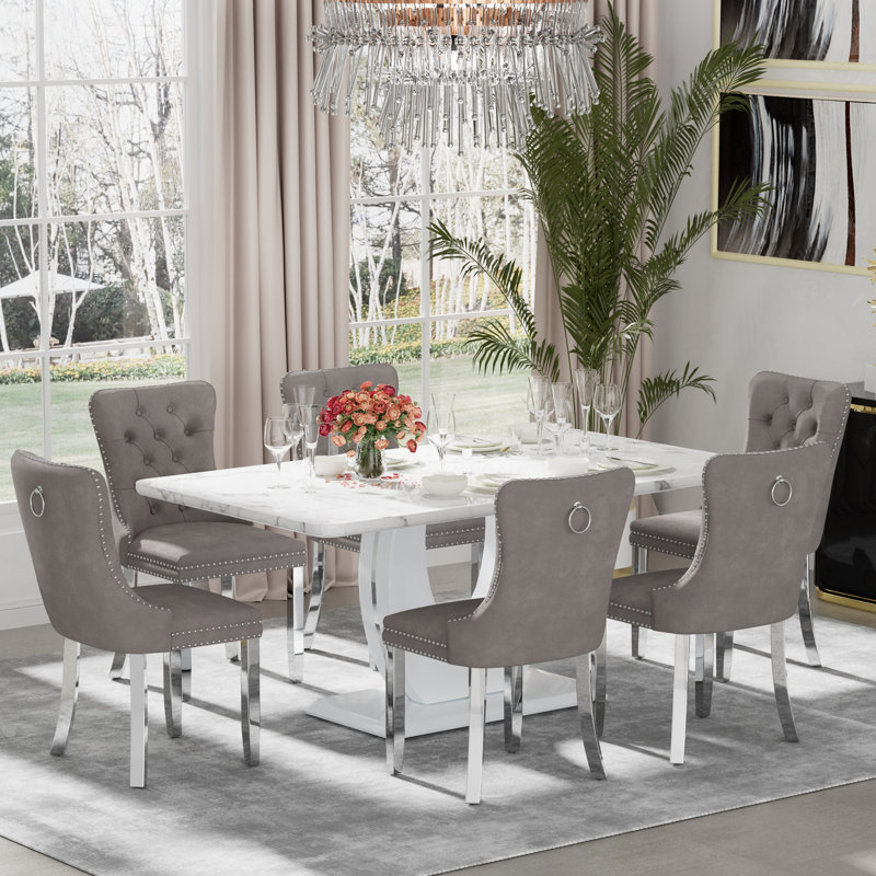 Ensemble de table de salle à manger rectangulaire, 7, Gris, Blanc / argenté