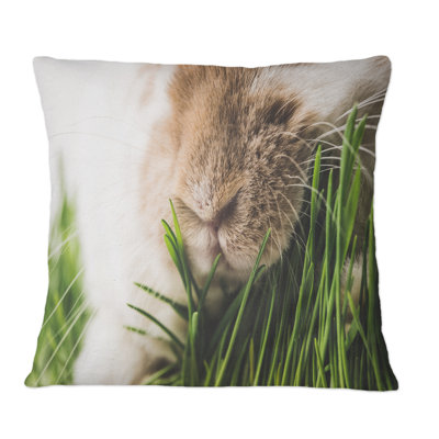 Closeup View Of Rabbit Nose And Green Grass Stems - Farmhouse Printed Throw Pillow