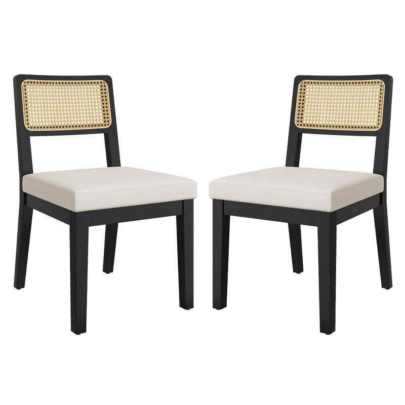 Ensemble de 2 chaises de salle à manger en rotin sans accoudoirs, siège rembourré avec structure en bois, lin noir, 2