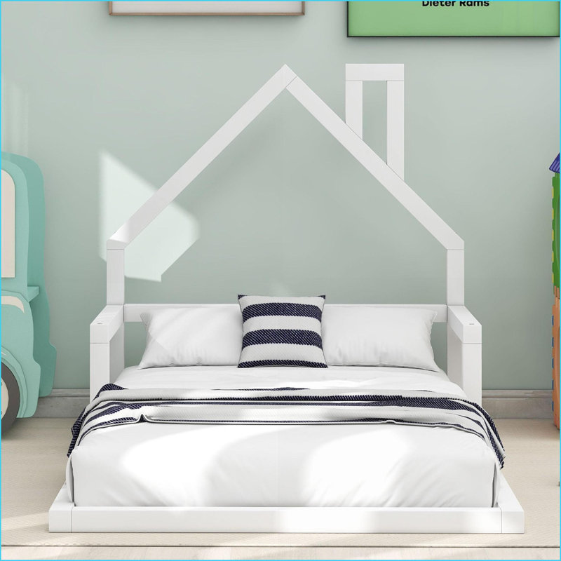 Lit plateforme simple en bois de pin avec tête de lit en forme de maison - aucun sommier nécessaire, blanc pour la chambre à coucher