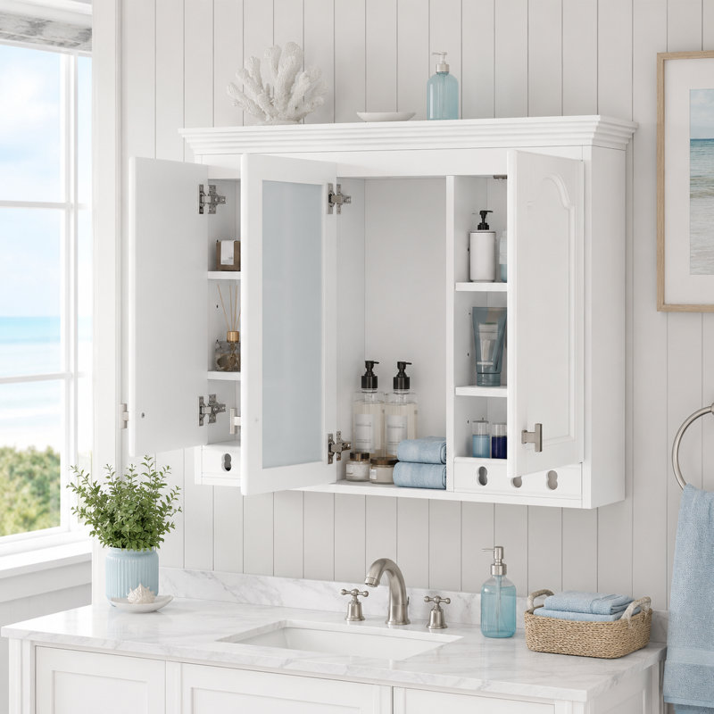 Armoire de salle de bain moderne à 3 portes avec rangement dissimulé, tablettes réglables et portes décoratives encadrées