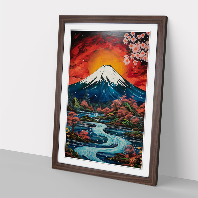 Mount Fuji Expressionism - Single Picture Frame Print on Wood, 64cm H x 46cm W x 2cm D, Walnut