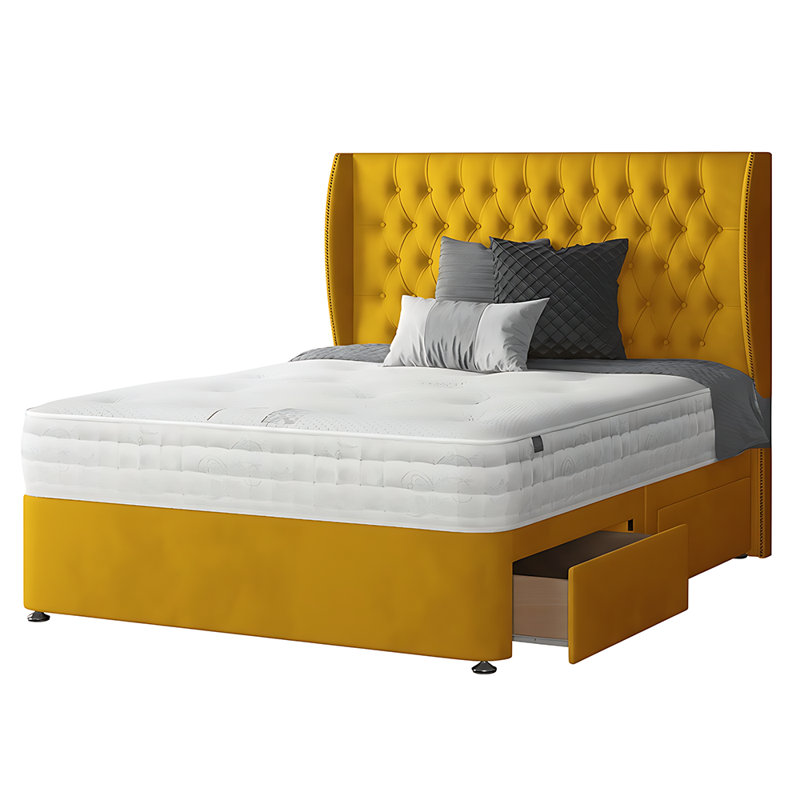 Mandalay Upholstered Divan Bed, Kingsize, Turmeric, 2 Foot-End Drawers