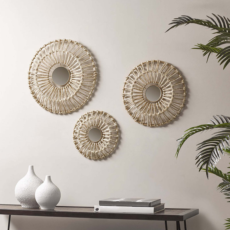 Ensemble de 3 décorations murales rondes en fibre naturelle et miroir