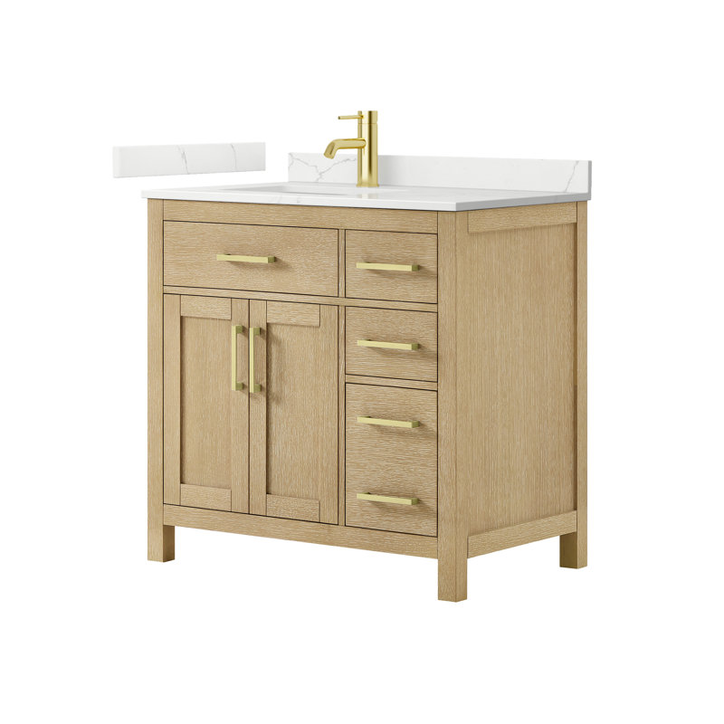Beckett 36" Freestanding Single Bathroom Vanity with Quartz Top, Brushed Nickel, White Quartz, Whitewashed Oak